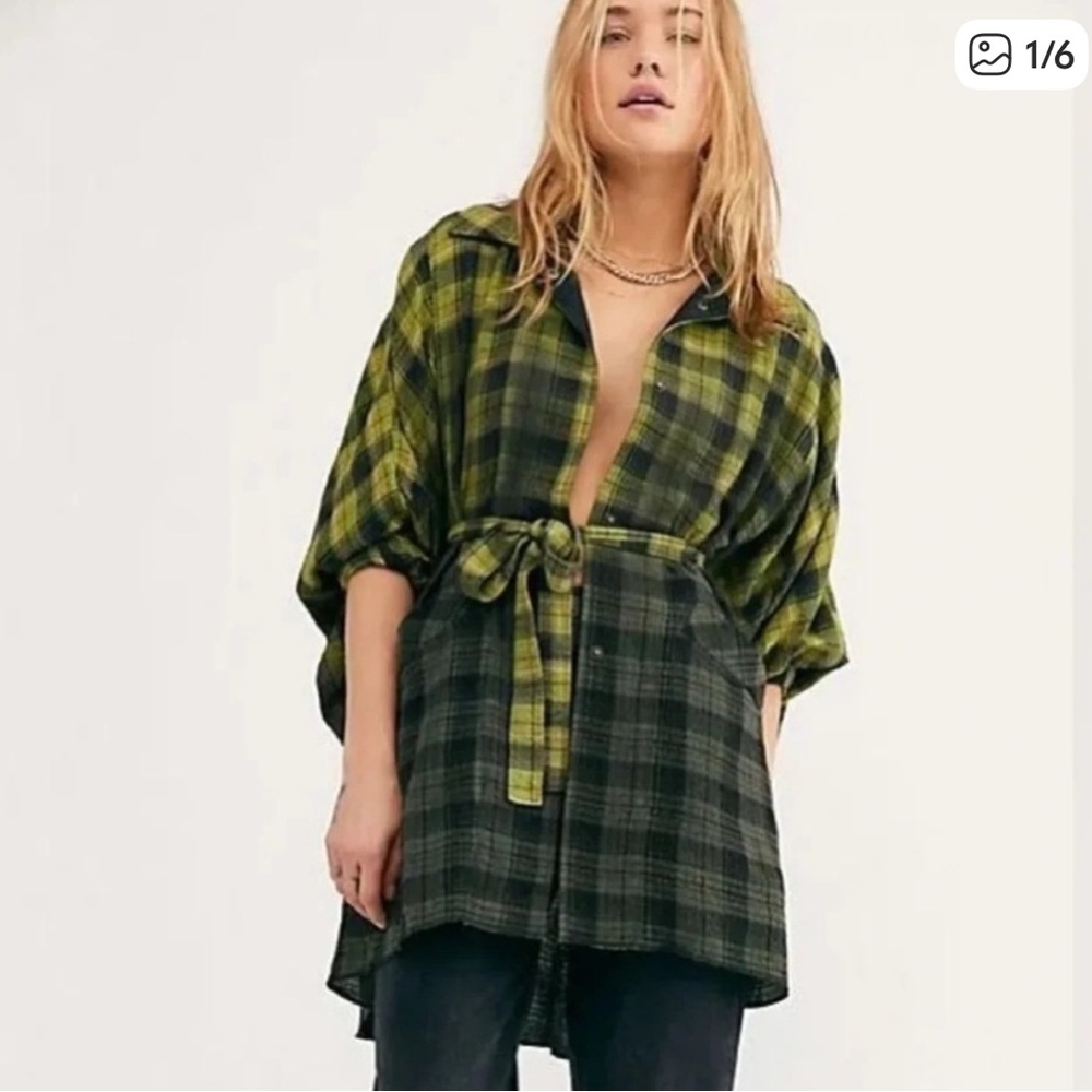 We The Free Plaid Button-Front Coatigan in Green & Black